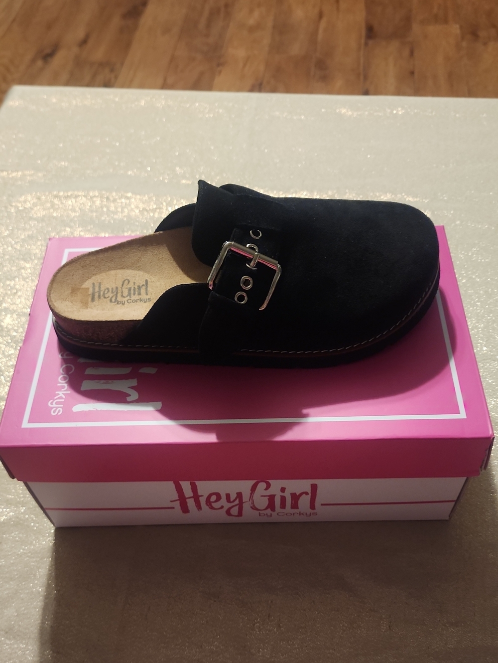Hey Girl Black Suede Buckle Mule Clog